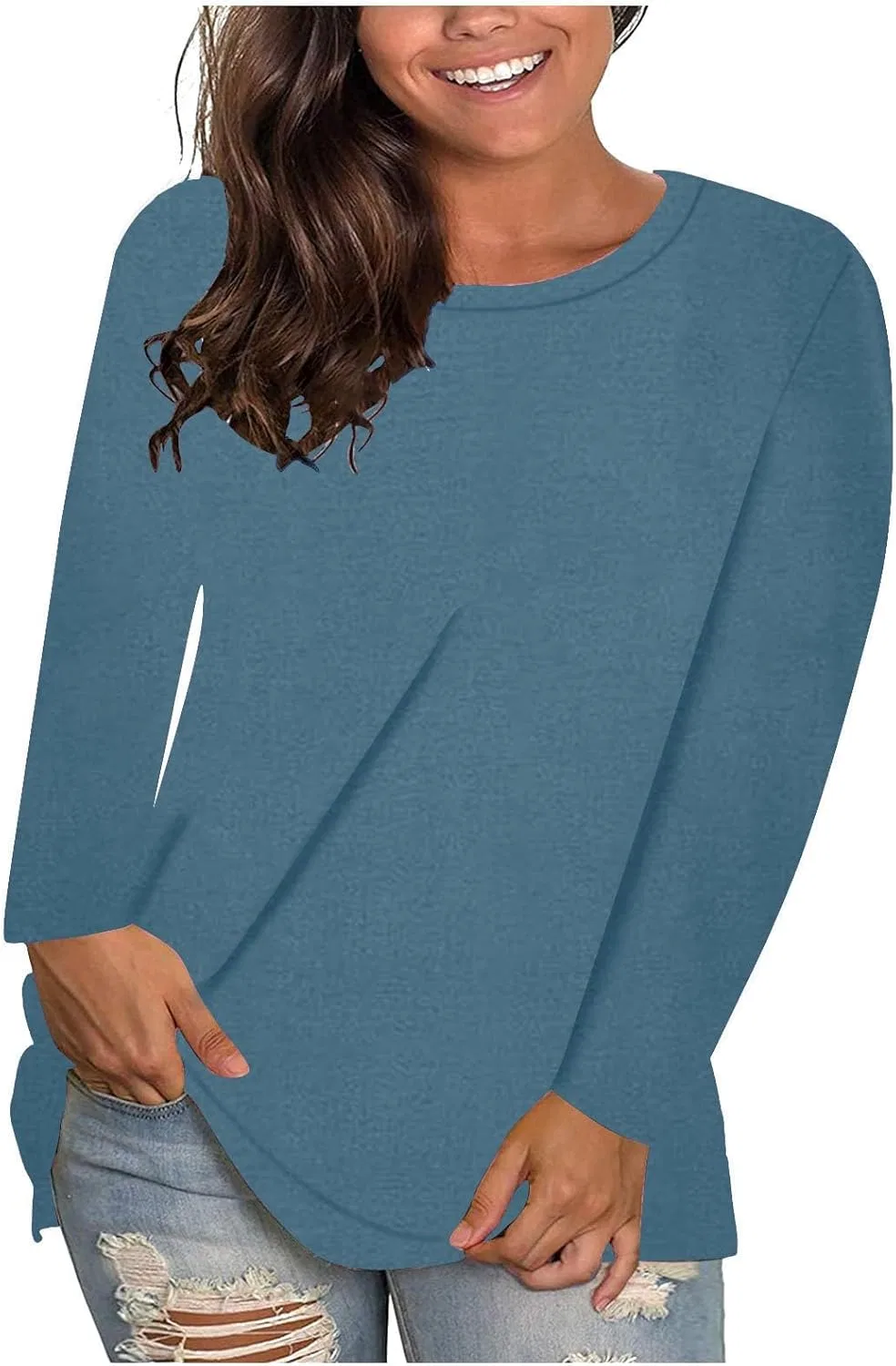 Женская свободная футболка с длинным рукавом Crew Neck, Navy