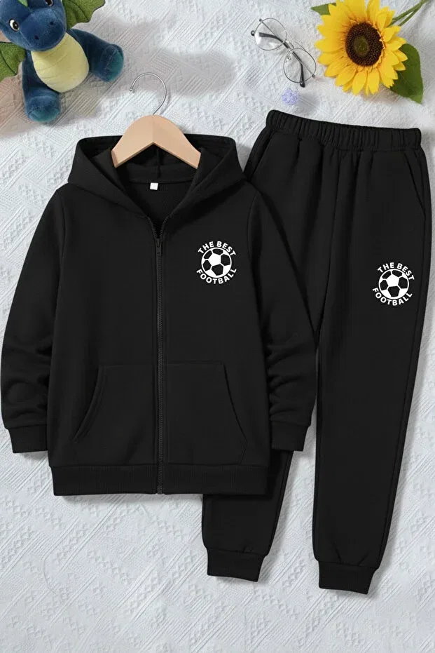 Детский комплект спортивного костюма для мальчиков с принтом 3 thread thick winter football print detailed zippered k hooded boys tracksuit set Fyk Kids, Black