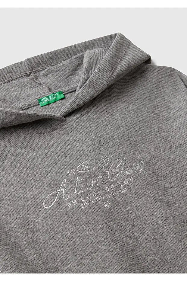 Детские свитшот для девочек с принтом Glitter Embroidered Ribbed United Colors Of Benetton, Anthracite Melange — фото 3