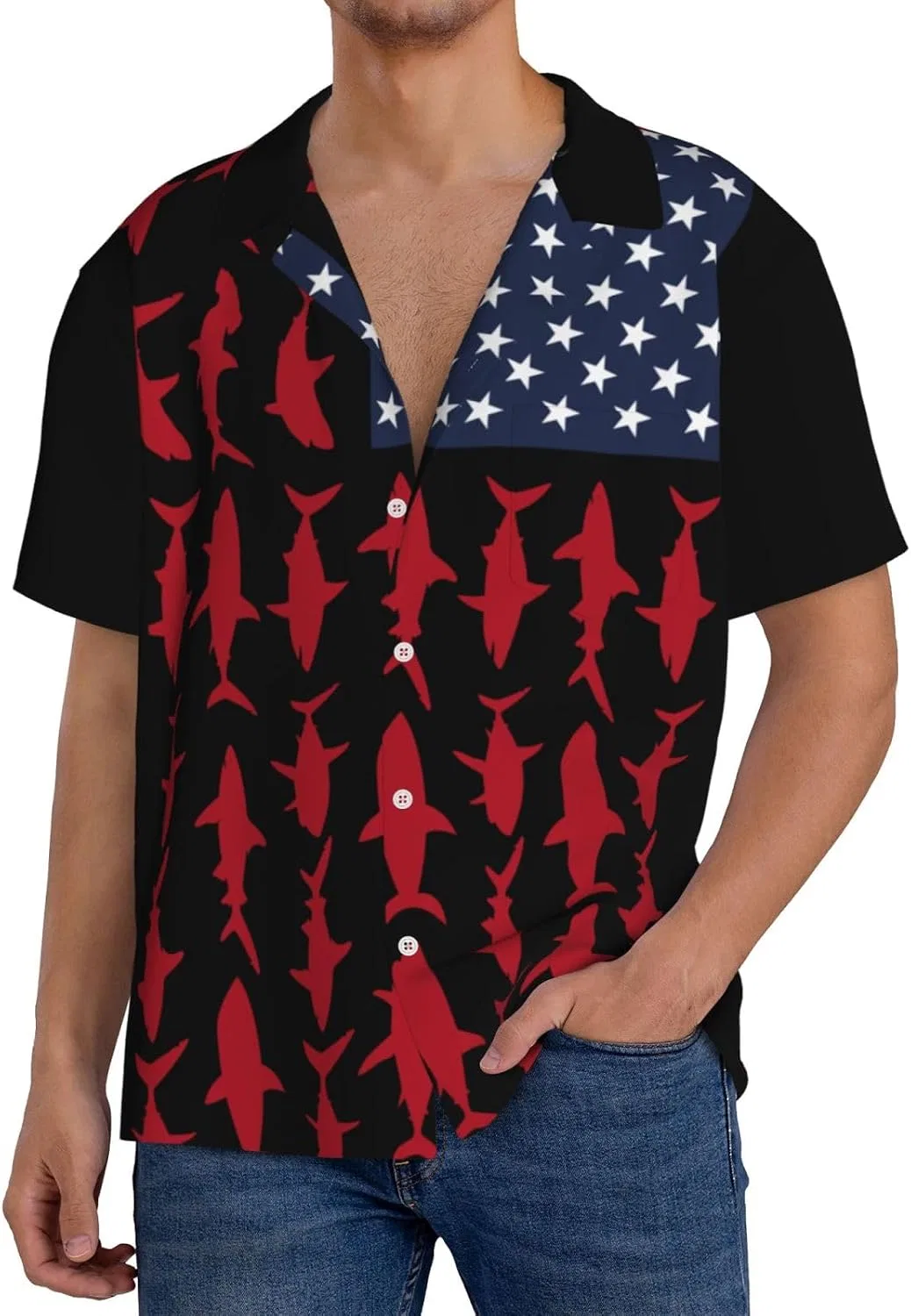 Мужская свободная рубашка с коротким рукавом Cuba воротник Fish America, Black