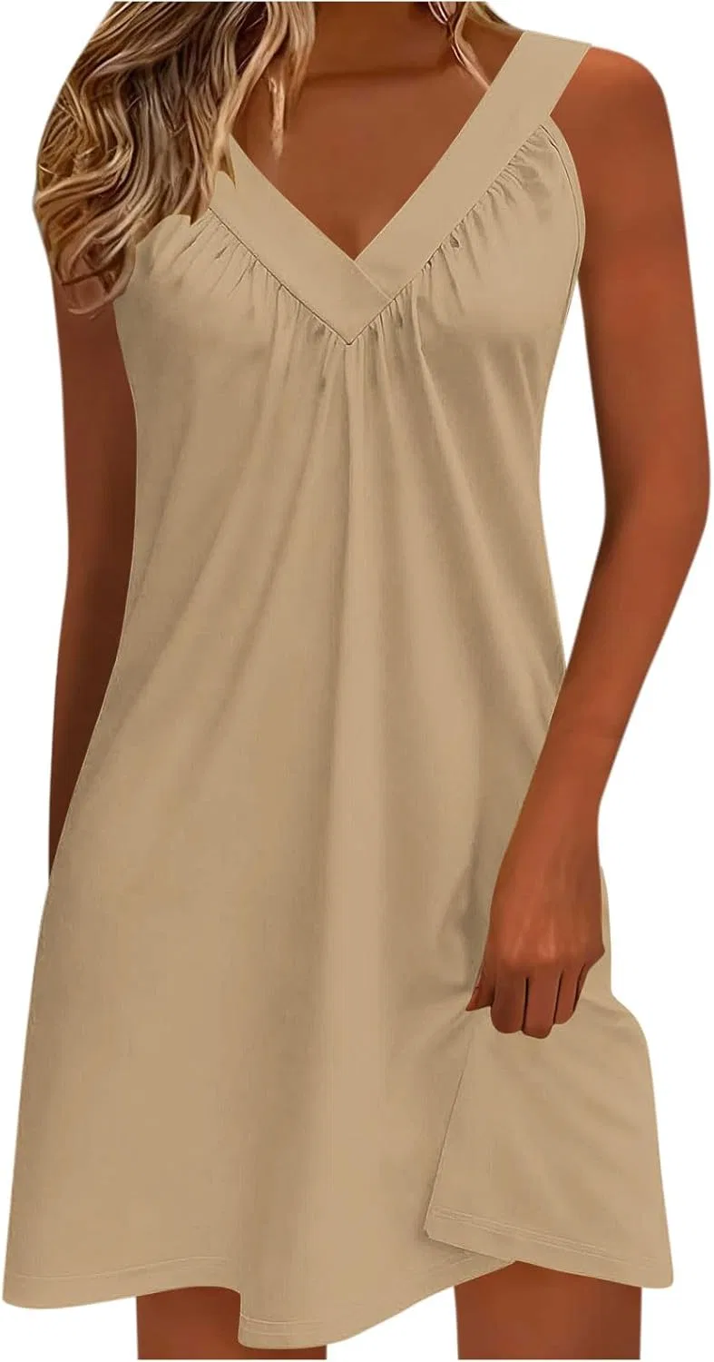 Женское летнее платье с V-образным вырезом Casual, Khaki