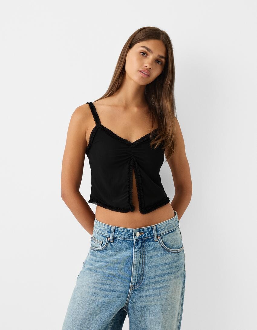 

Топ из тюля на бретельках Bershka, черный