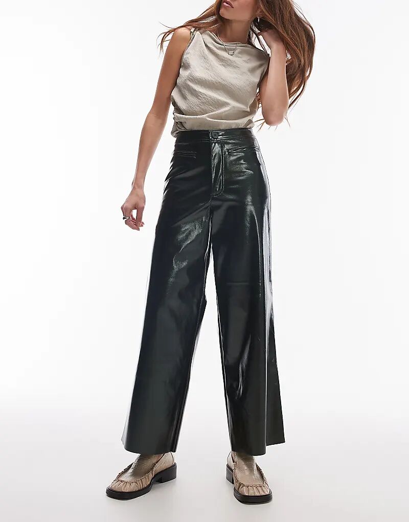 

Виниловые брюки неудобной длины цвета хаки Topshop
