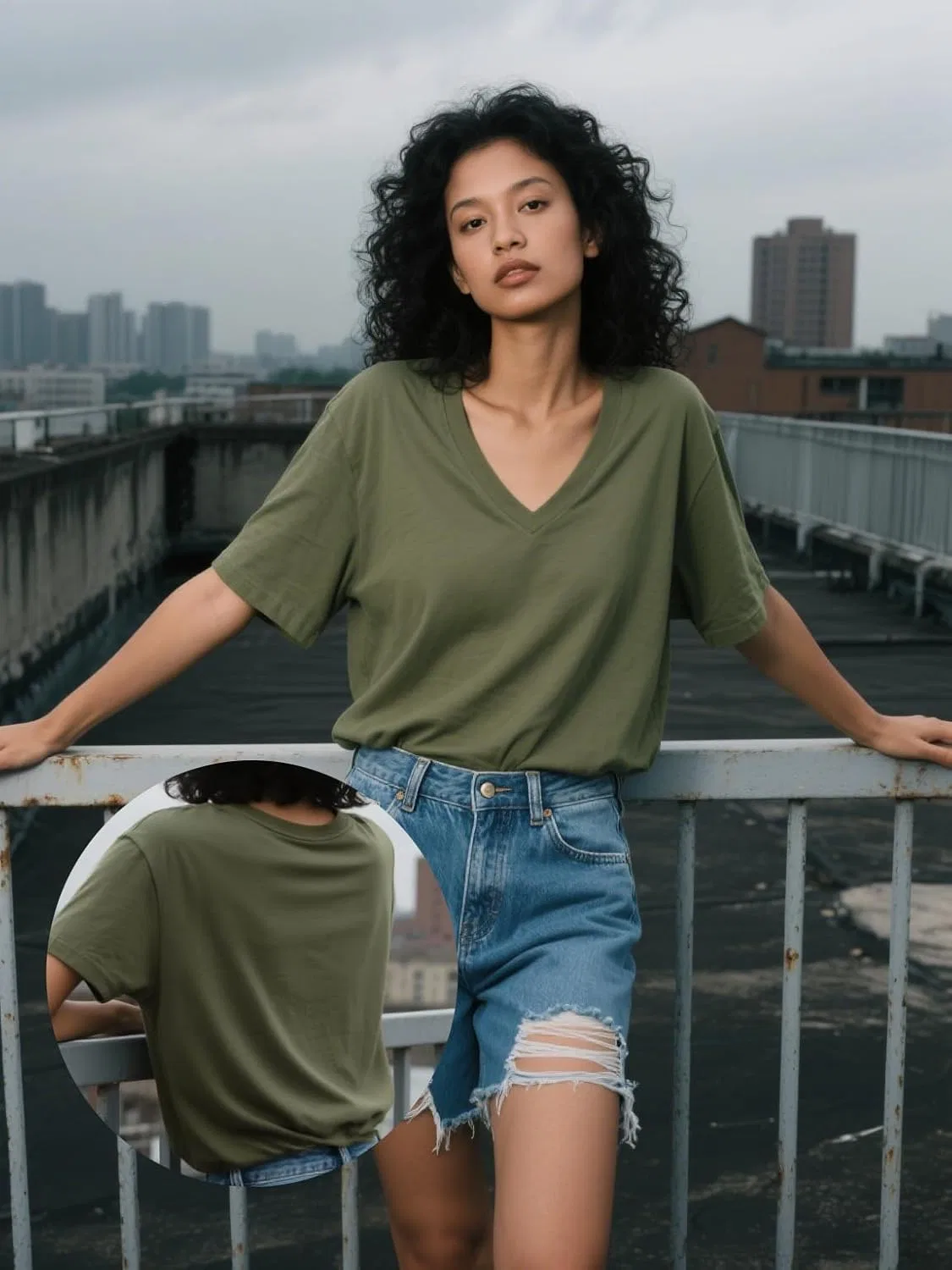 Женская футболка с буквенным принтом V-образным вырезом, Olive Green — фото 4