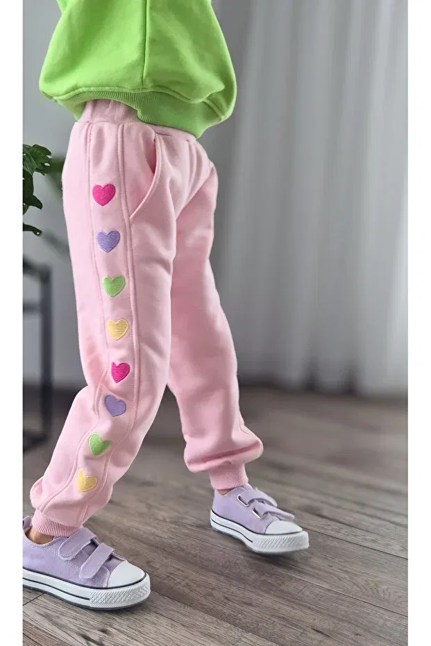 Детские спортивные штаны для девочек с принтом Colorful hearts embroidered Balkabaği, Pink — фото 3