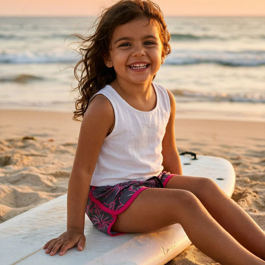Детские плавки-шорты для девочек с принтом Surf/Swim Boardshorts Premium Ocean Friendly Kahuna Kids, Magentapink / Dunkelgrau — фото 2