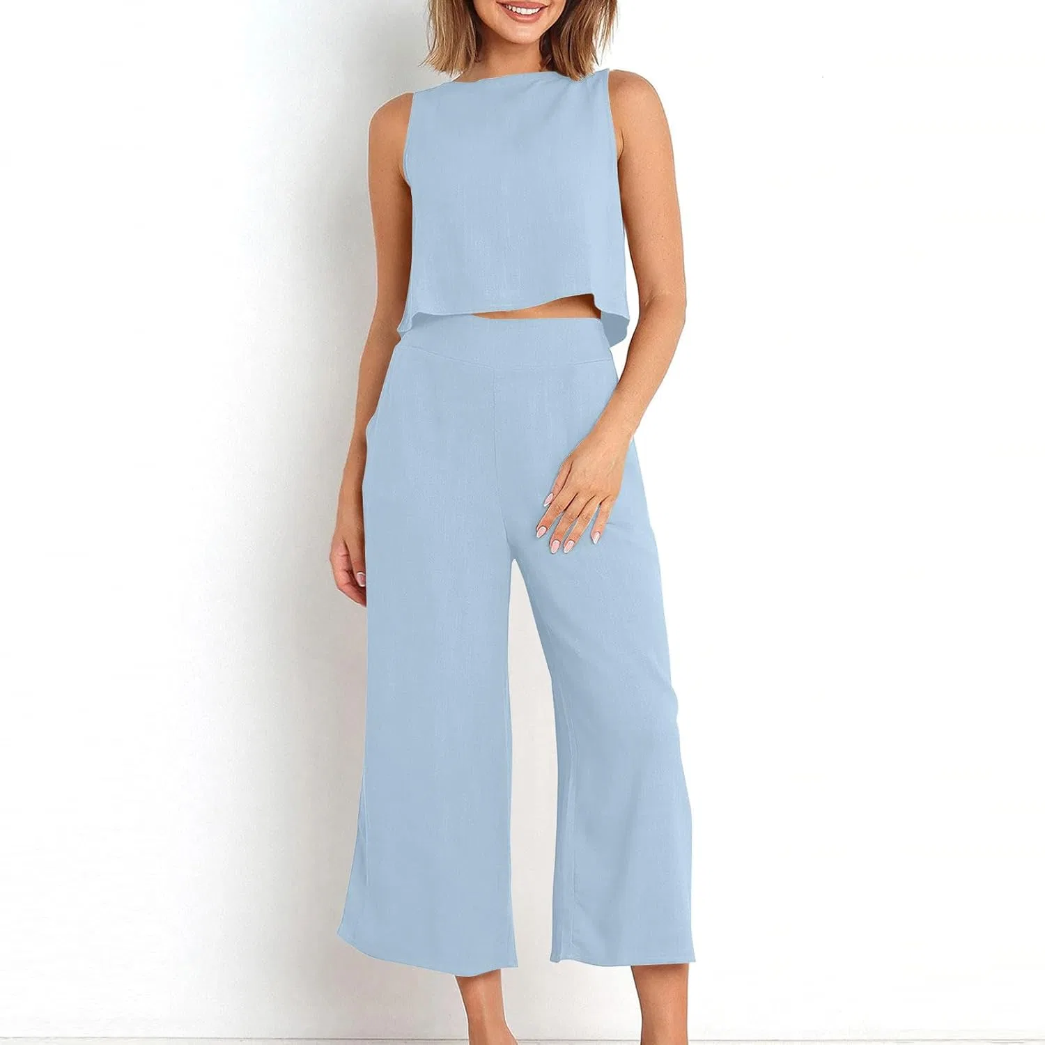 Женский летний костюм из льна с топом и широкими брюками, Light Blue — фото 4