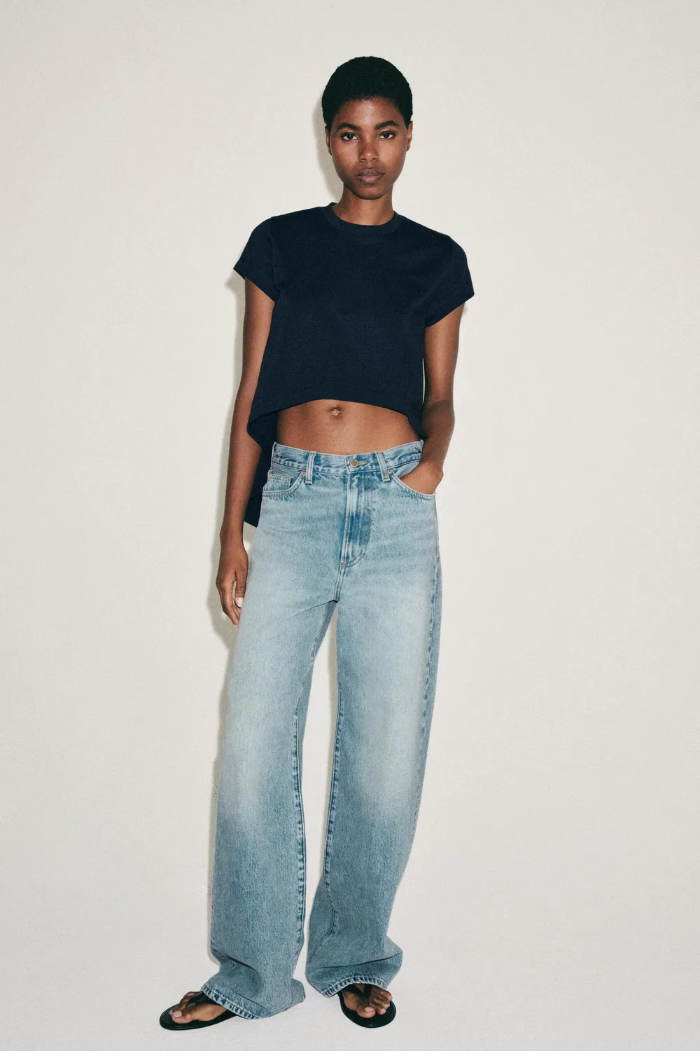 Асимметричная хлопковая футболка ZARA, Navy blue — фото 3