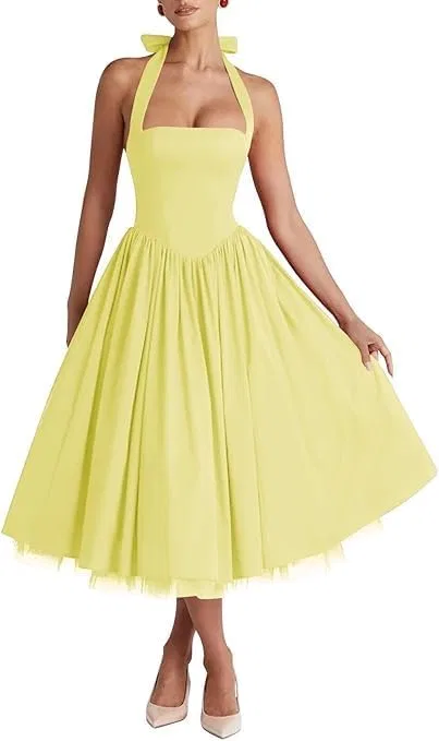 Женское атласное платье с бантом A-силуэта Prom, Yellow