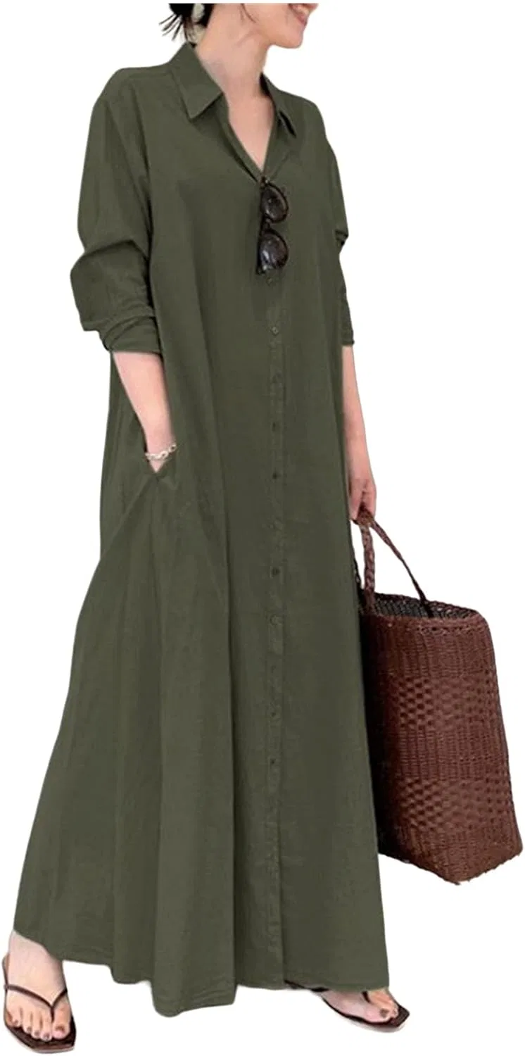 Женское хлопковое льняное платье-рубашка с карманами, Army Green