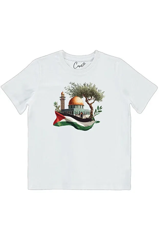 Детская футболка для девочек с принтом Cotton Palestine Jerusalem Printed Çapıt, White