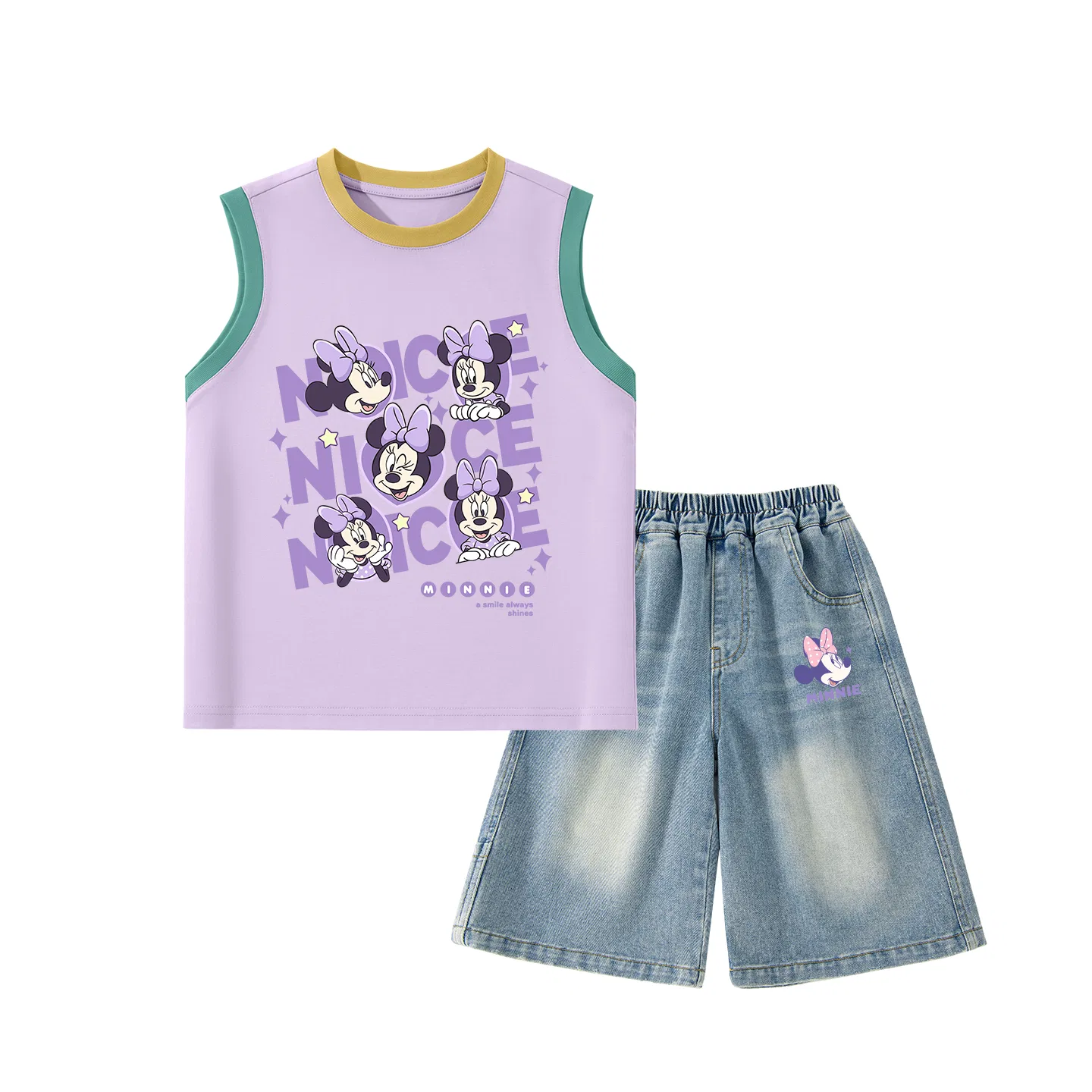 Детский спортивный костюм с круглым вырезом, тонкий стрейч, Disney, Daisy Bow Minnie Yellow Purple+Deni Bow K Denim Blue