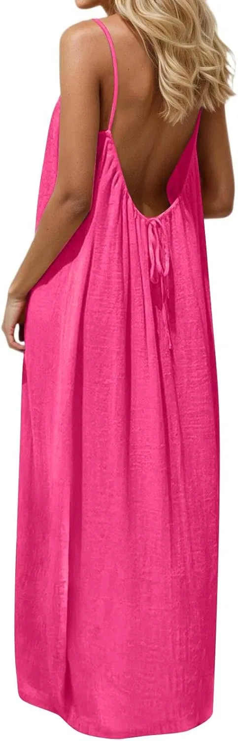 Женское макси-платье на тонких бретелях с открытой спиной, Hot Pink — фото 2