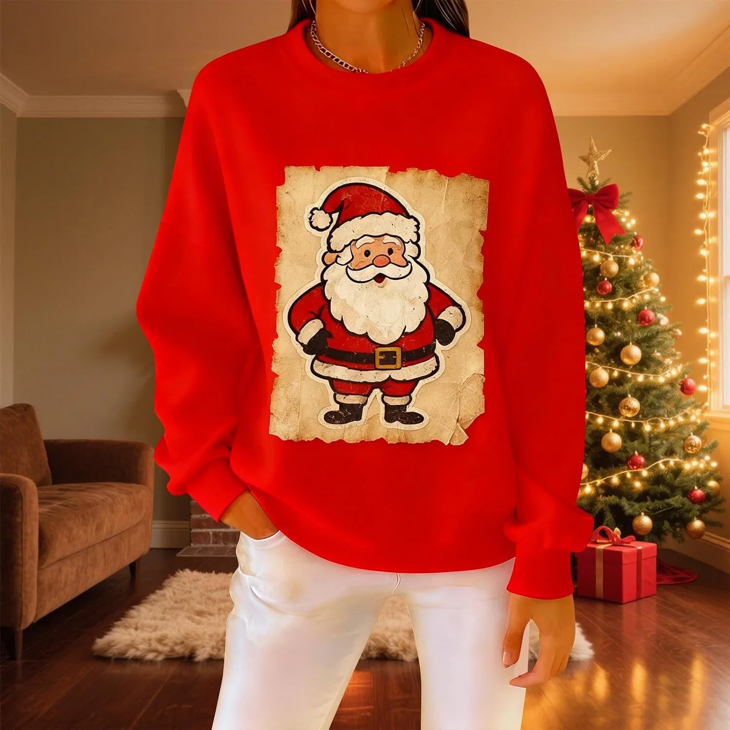 Женский свитшот с принтом Vintage Santa Graphic, красный — фото 2