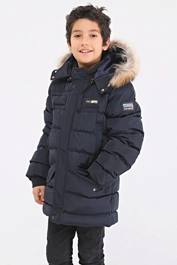 Детский зимнее пуховик для девочек с капюшоном Natural Fur Boy Puffer Coat Benitto Kids, Navy Blue — фото 2