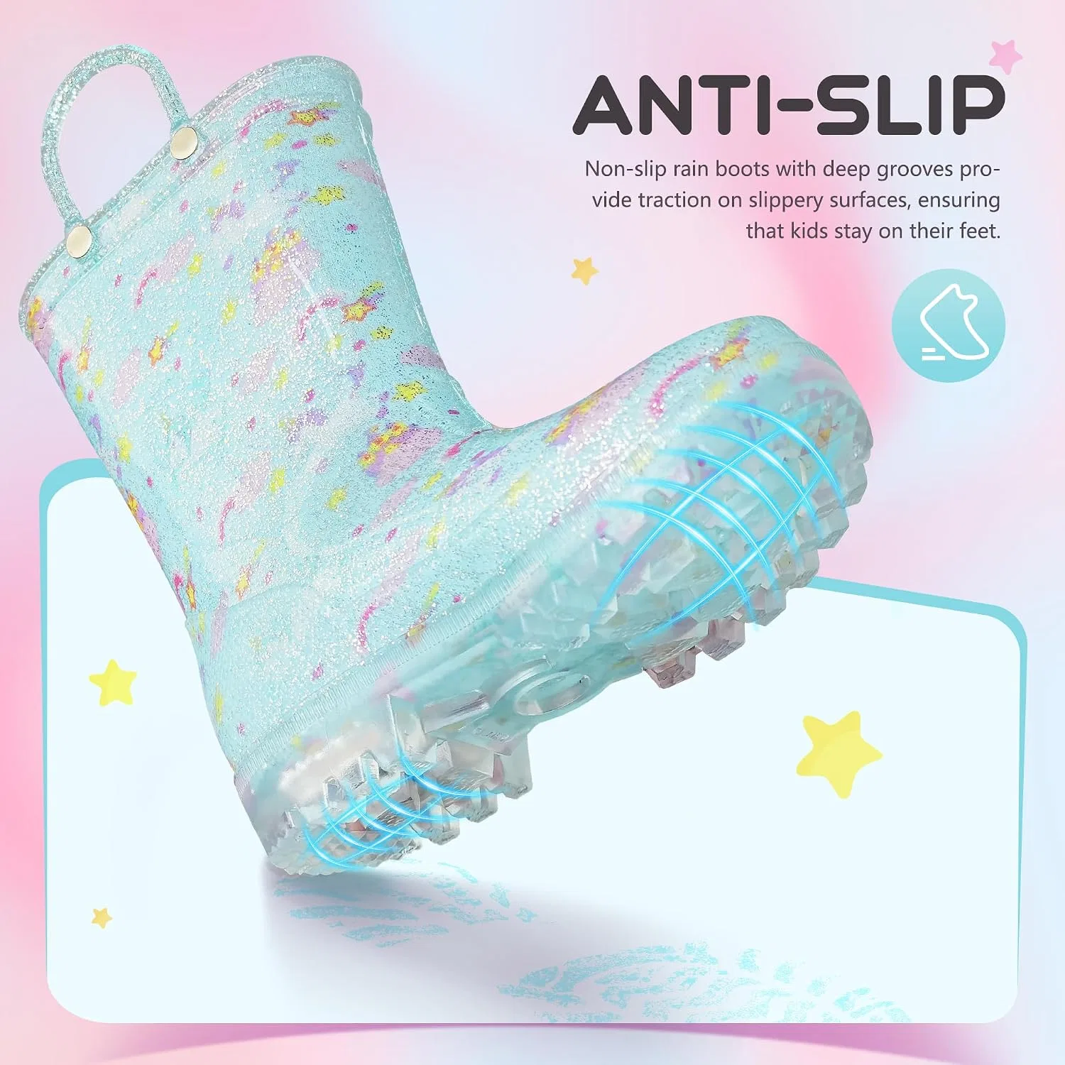 Детские сапоги дождевые для девочек с подсветкой Funspread, Glitter Blue — фото 2