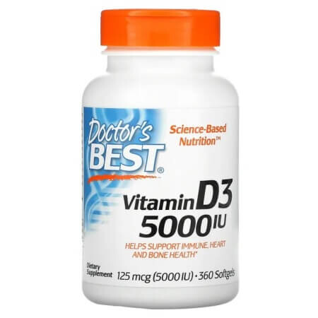 

Витамин D3, Doctor's Best, 125 мкг (5000 МЕ), 360 мягких таблеток