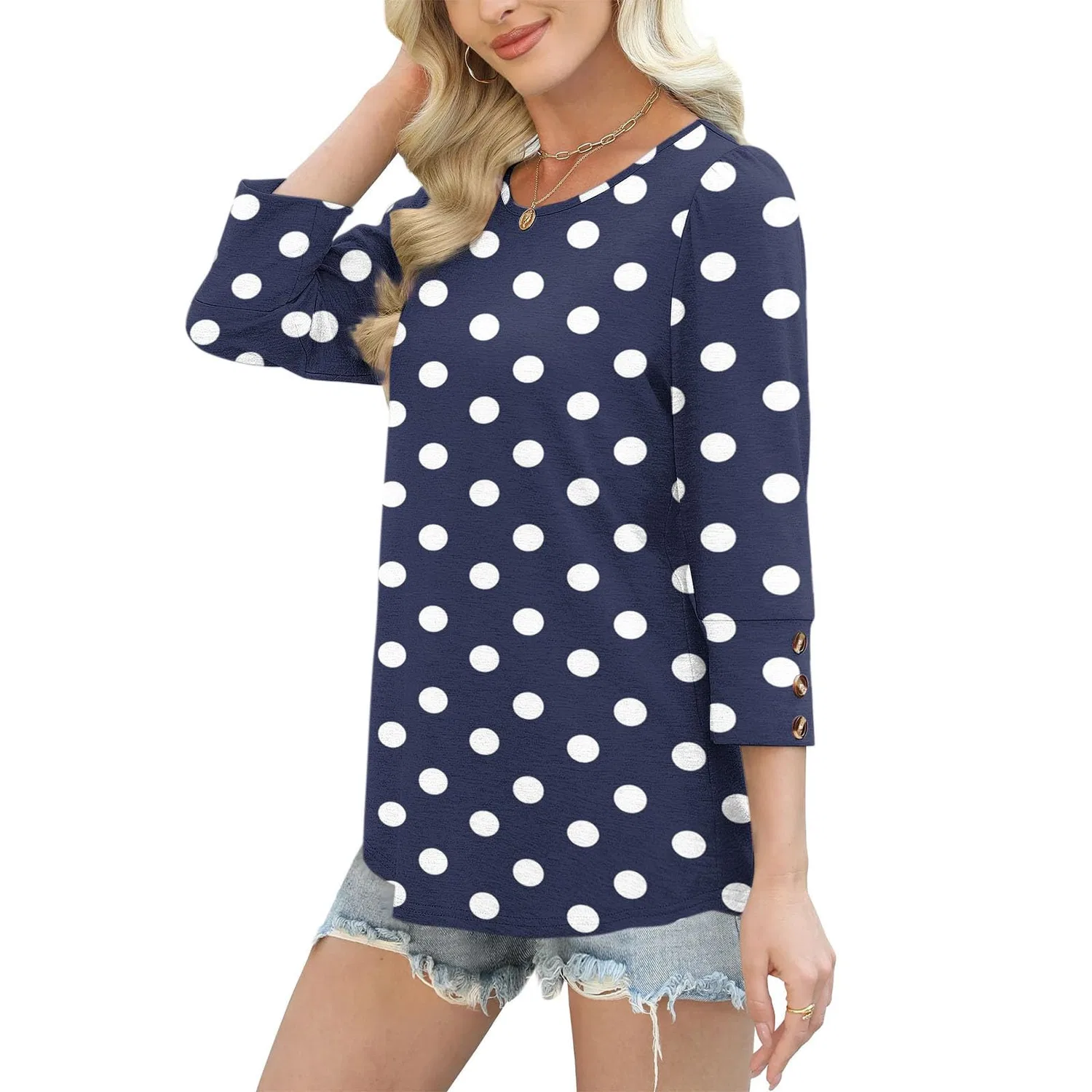Женская блуза с принтом в горошек Women Tops Comfortable Autumn Winter Lounge T-Shirt 3/4 Sleeve Casual Loose Buttons Blouse Holiday Round Neck Polka Dot Shirts Basic Tunic Tops For Leggings, 01 Navy Blue — фото 4