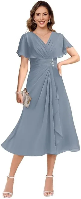 Женское шифоновое платье с рюшами MJ76, Dusty Blue