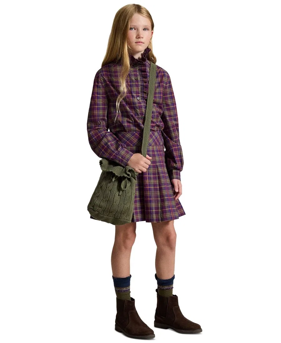 Блуза из хлопкового поплина с воланами и плиссированным принтом, модель Plaid Ruffled Cotton Poplin Top Polo Ralph Lauren, Purple-Green Multi Plaid — фото 2
