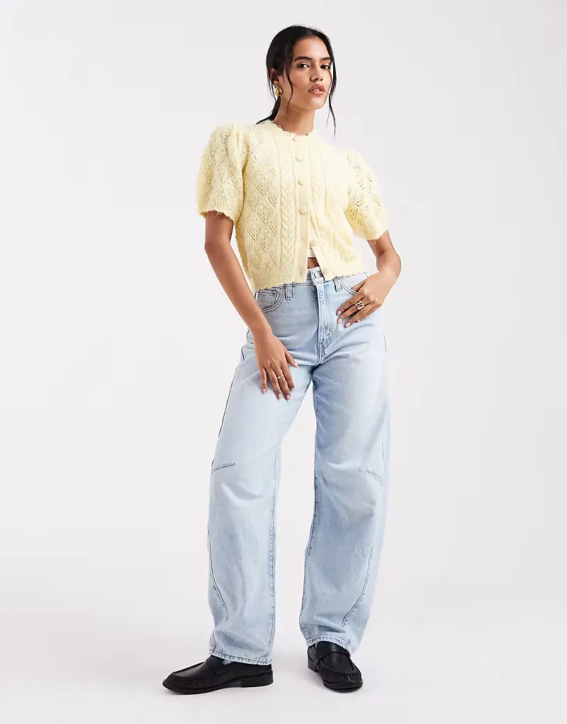 Вязаный кардиган Levi's с короткими рукавами и ажурной отделкой, пастельно-желтый — фото 3