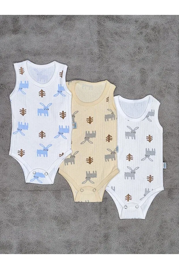 Детское боди-комбинезон без рукавов с принтом 3-Pack 100% organic cotton rabbit patterned sleeveless snap fastener baby bodysuit undershirt Vieso, Rabbit1 — фото 2
