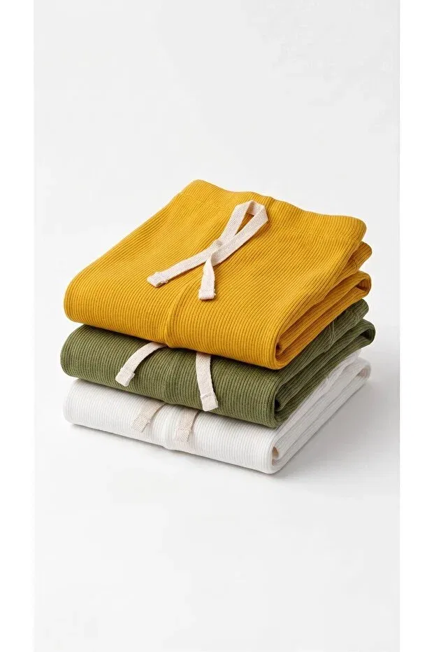 Детский комплект брюк из футера 3-Piece camisole ribbed pants leggings set Dolcetots, Cream-Green-Saffron — фото 2