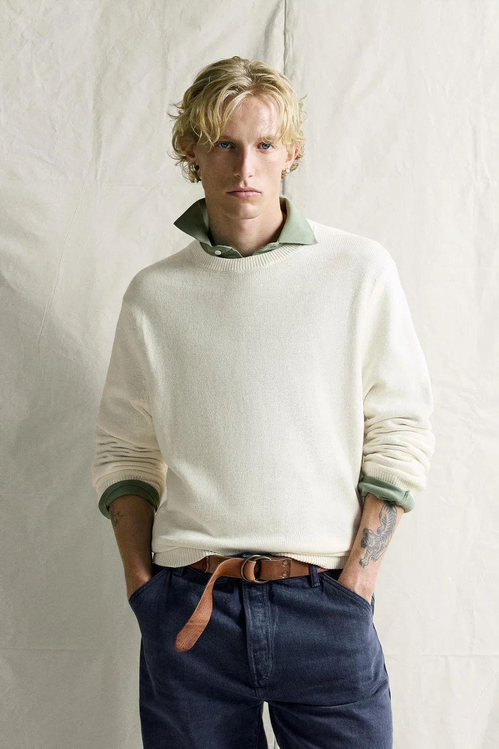 Джемпер из хлопка и льна, стандартного кроя. ZARA, Oyster-white — фото 2