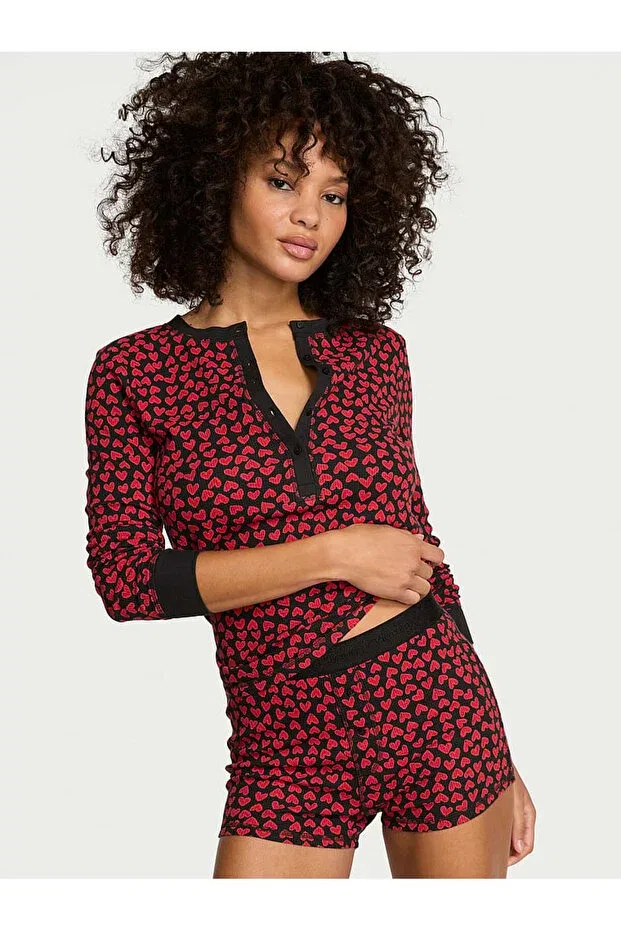 Женский комплект пижамы с длинным рукавом Henley Thermal Shorts Pajama Set Victoria'S Secret, Black And Red Heart
