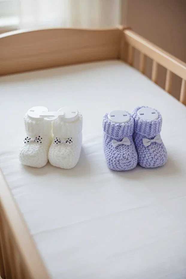 Детские пинетки для новорожденных вязаные с бантиком Caramini, Blue & White
