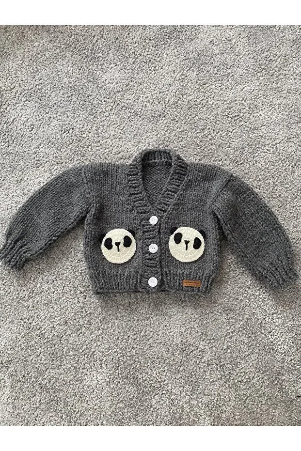 Детский кардиган для мальчиков с принтом Hand Knitted Cute Panda Detailed Nevalin, Gray — фото 4