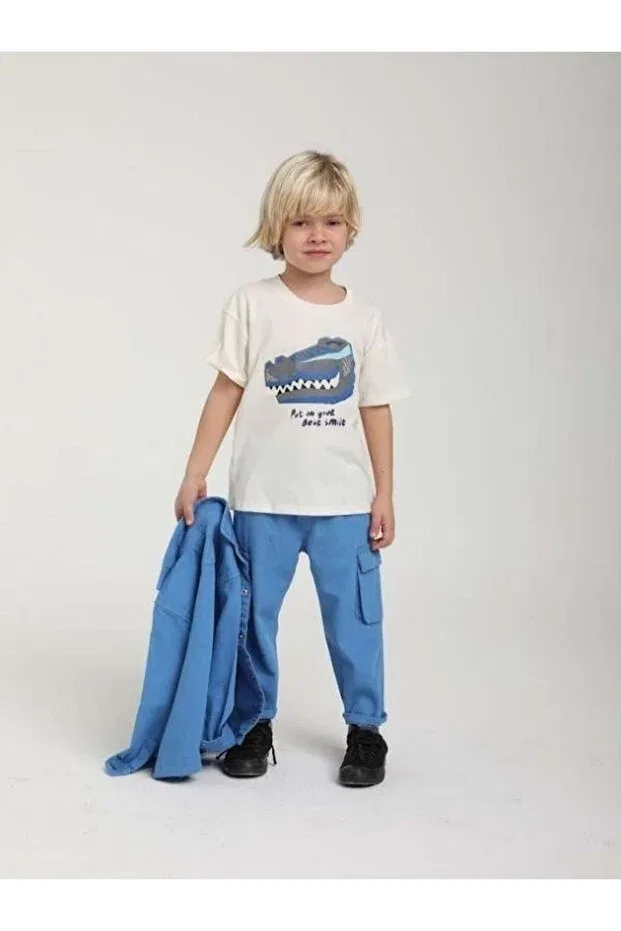 Детская футболка для мальчиков с принтом Boy'S Cotton Dinosaur Printed T-Shirt Zekids, Ecru