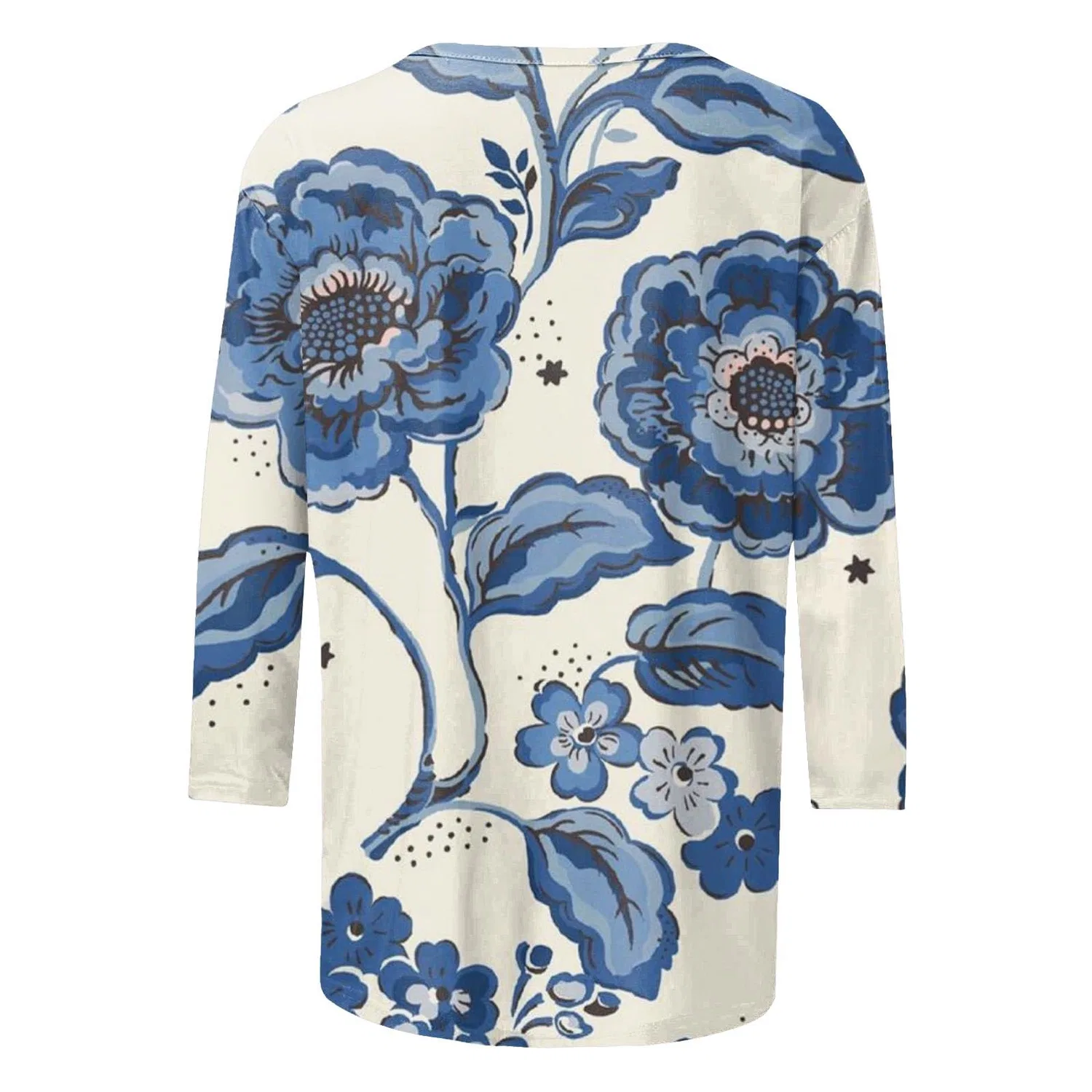 Женская футболка с цветочным принтом Floral Print Round Neck Long Sleeve Lace Top Casual Loose 3/4 Sleeve 7/4 Sleeve Jacket Beautician, Blue-6 — фото 4