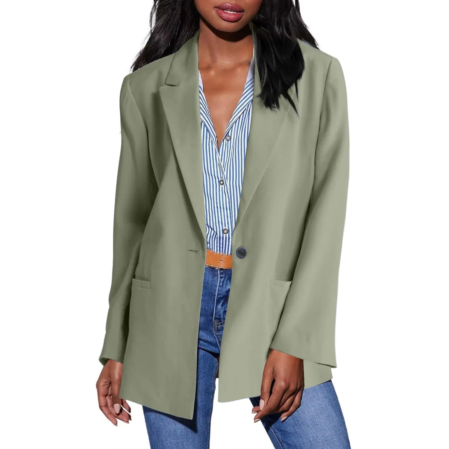 Женское утепленное пальто с длинным рукавом Women Blazer Long Sleeve Button Down Jacket Solid Color Chunky Cardigan with Pockets Fashion Collar Business Women Casual Jackets Soft Comfortable 2024, Verde