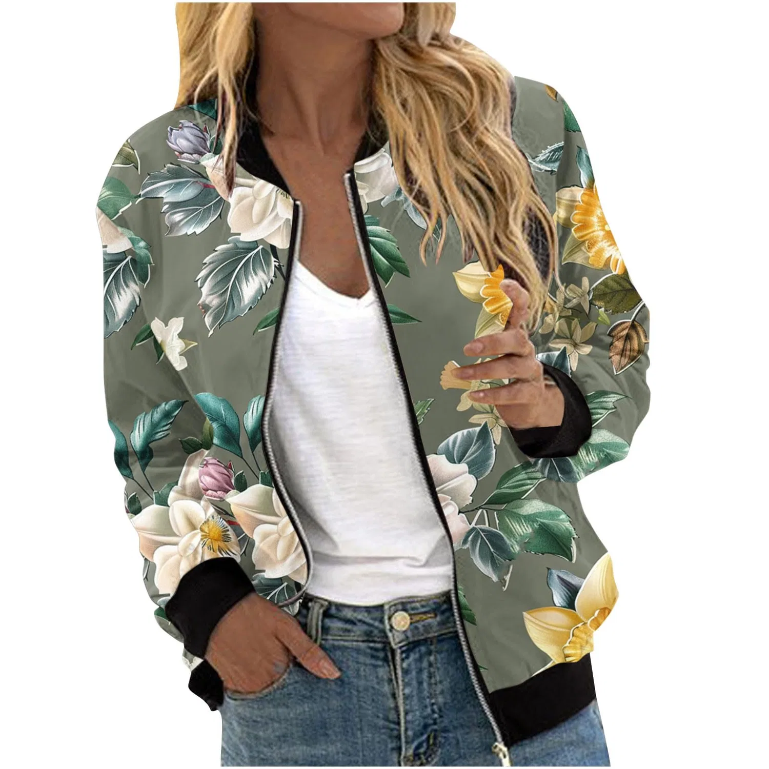 Женское зимнее пальто с цветочным принтом Black Bomber Jacket, Verde militare