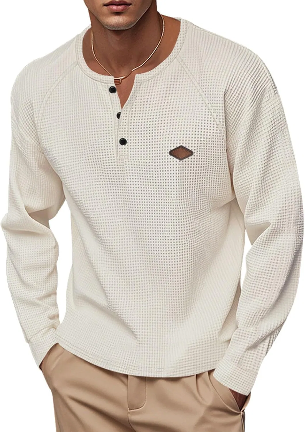 Мужская футболка-поло с вафельным трикотажем Henley, Beige — фото 2
