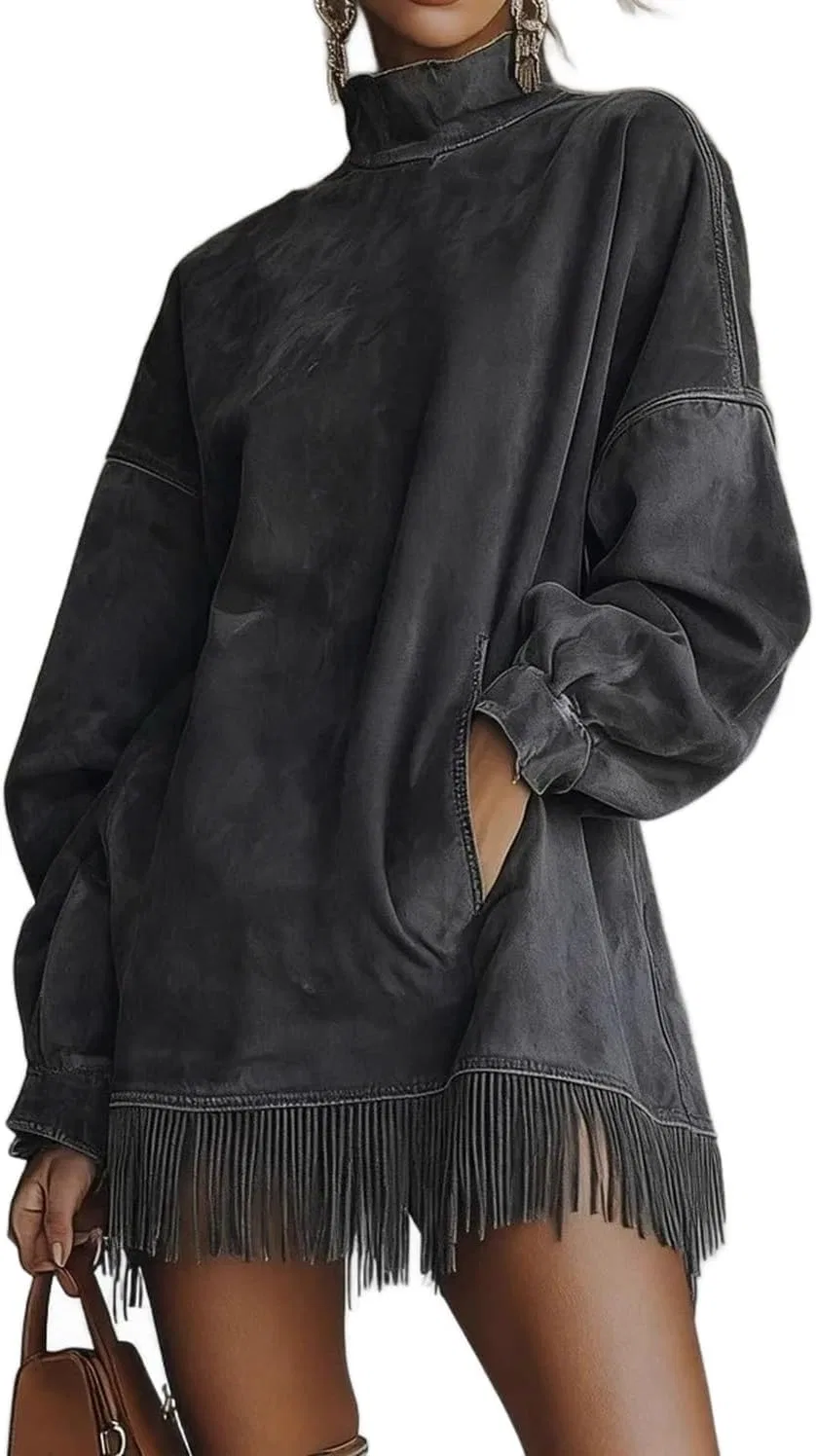 Женское платье мини с бахромой из искусственной замши, Long Sleeve, 3