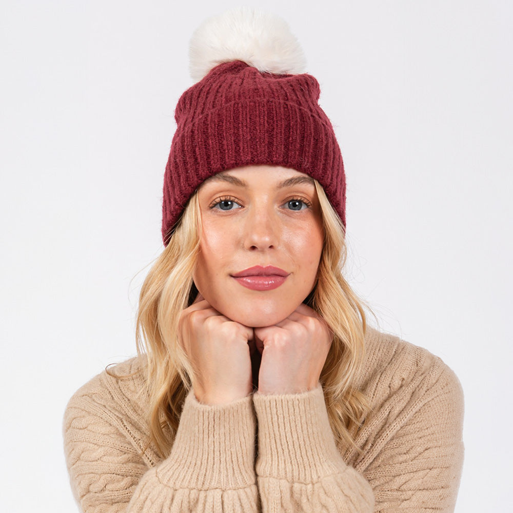 

Однотонная шапка-бини с помпоном, двухцветная FASHNZFAB, бордовый