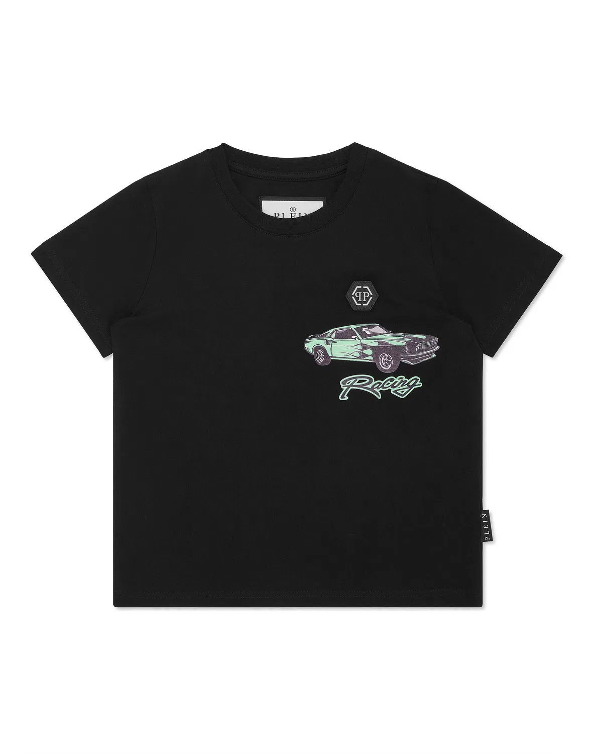 Детская футболка с коротким рукавом с вышивкой гоночной машины PHILIPP PLEIN, Black/Turquoise