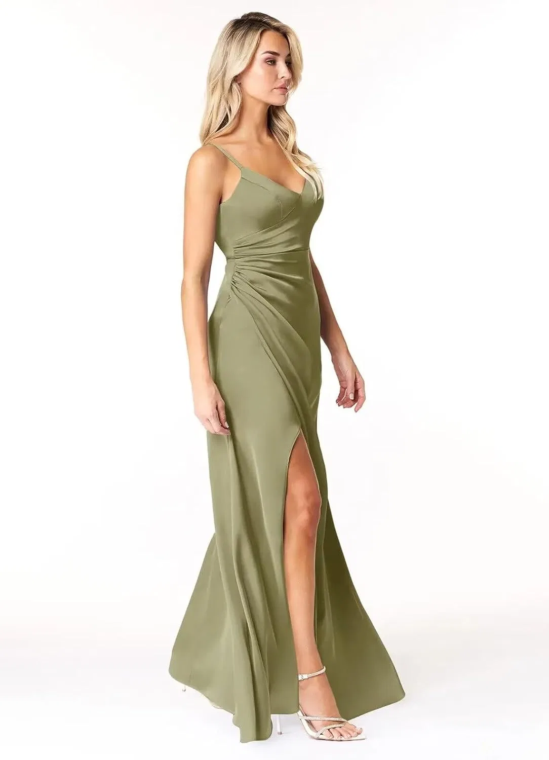 Женское вечернее платье со шлейфом из атласа, Dusty Rose — фото 4