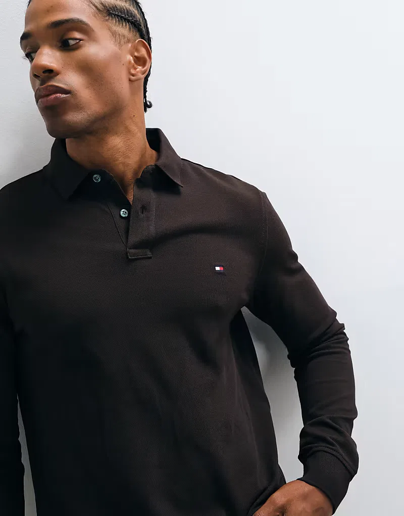 Поло с длинными рукавами и логотипом Tommy Hilfiger в виде флага, коричневый — фото 4