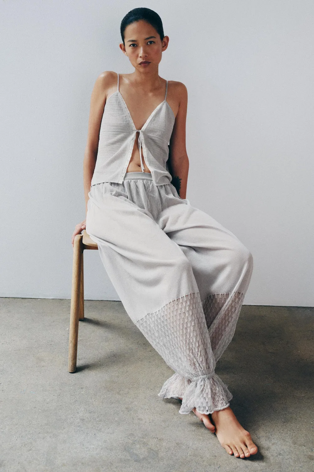 Вязаный топ с эластичной кружевной отделкой ZARA, Grey — фото 2