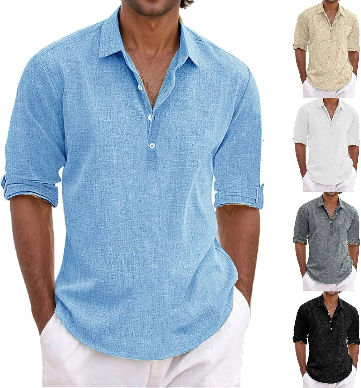 Мужская льняная хлопковая рубашка-поло с длинным рукавом Slim Fit, Blue
