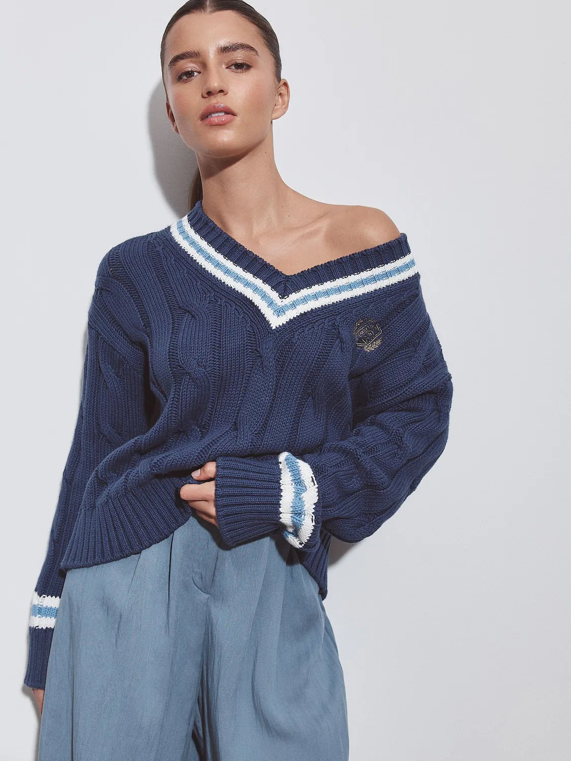 Джемпер с V-образным вырезом, cable knit, Navy Blue Tipped Next