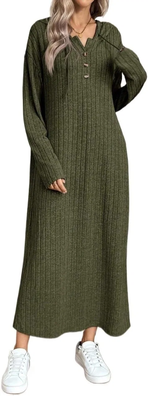 Женское платье миди свободного кроя с капюшоном, Army Green