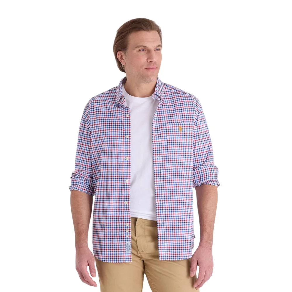 Мужская рубашка U.S. Polo Assn. Long Sleeve Plaid Stretch Slub Poplin, красный/белый/темно-синий