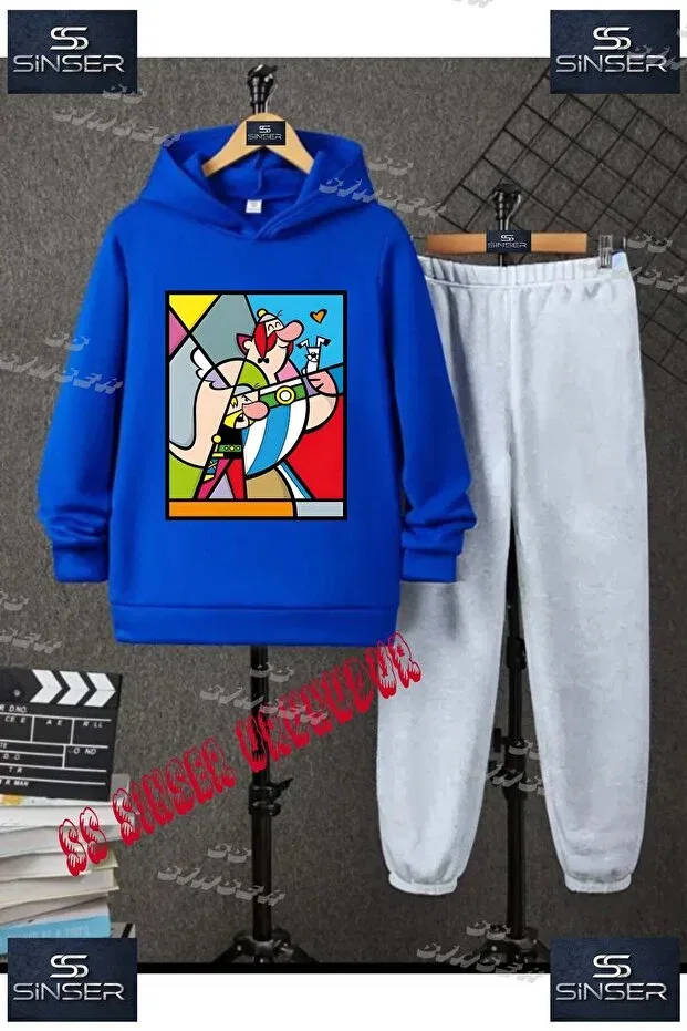 Детский комплект спортивного костюма для девочек с принтом Asterix Oburisk Square Ss Sinser, Blue - Gray