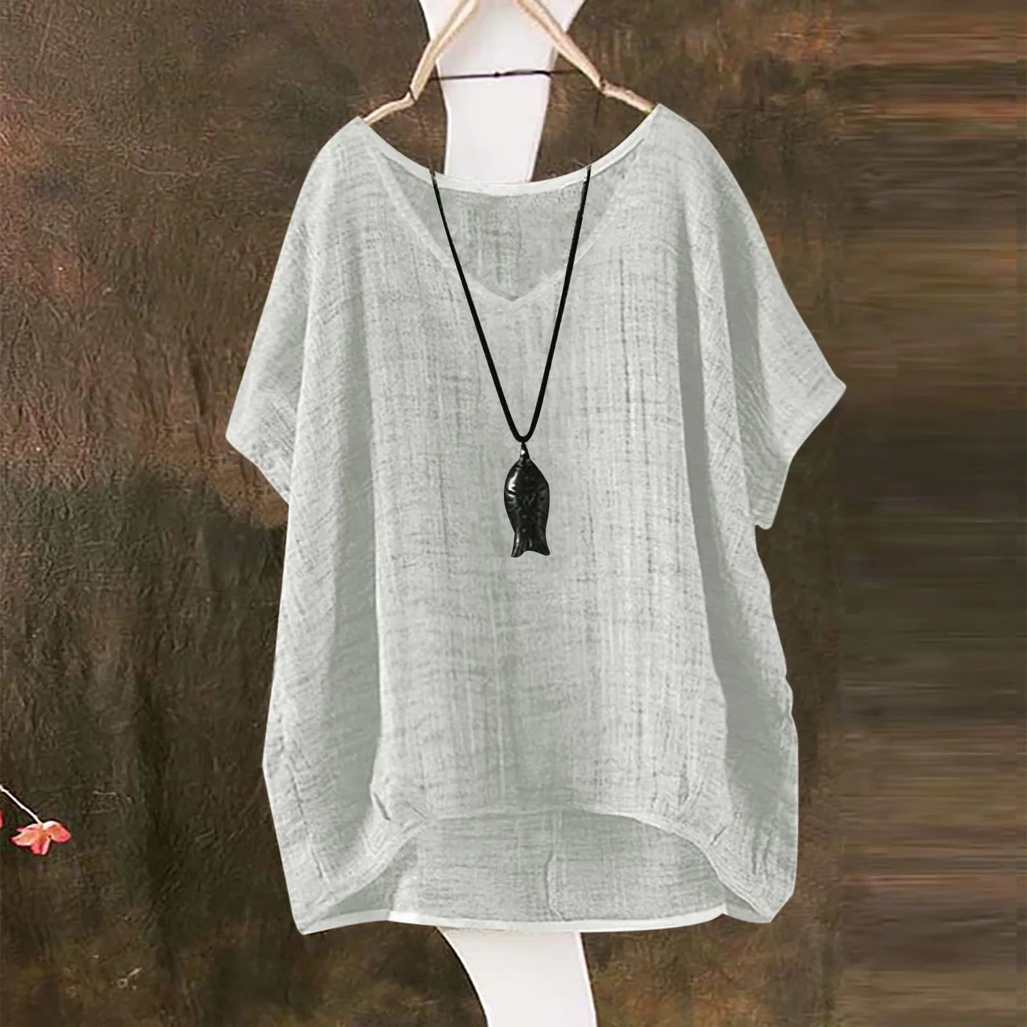 Женская футболка с коротким рукавом из льна Women Long T Shirts Summer Short Sleeve Solid Color Casual Linen Tops Plus Size, White — фото 2