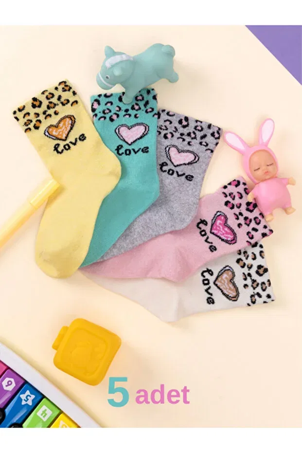 Детские носки для девочек с принтом 5 пар Heart & Leopard Patterned Baby Socks & Kids Socks Special Girls Socket Series Hobins Sportswear & Company, Pink