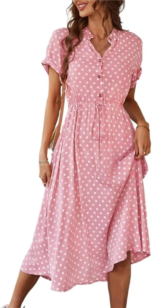 Женское летнее платье с запахом Polka Dot Half Button Knot Front Maxi, Pink